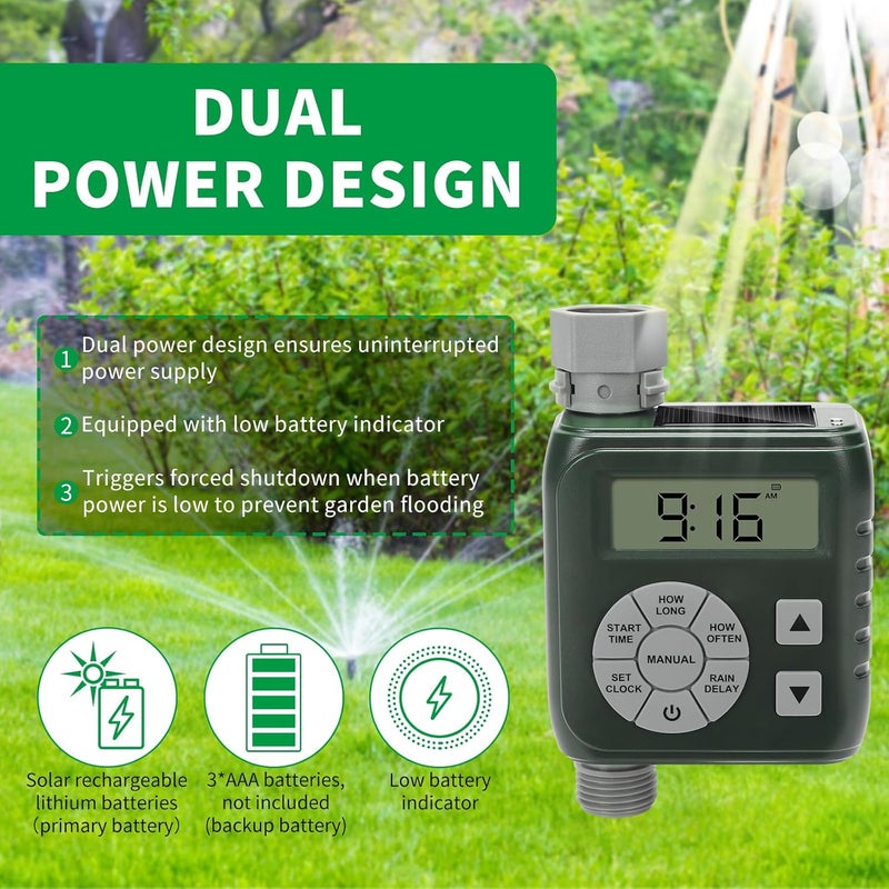 Zuomeng Sprinkler Timer, Programmable Irrigation Water Timer for Garden Hose, Solar/Battery Dual Power & Professional Leak-Proof Design, Rain Delay/Auto/Manual Watering System, Green - Image 4